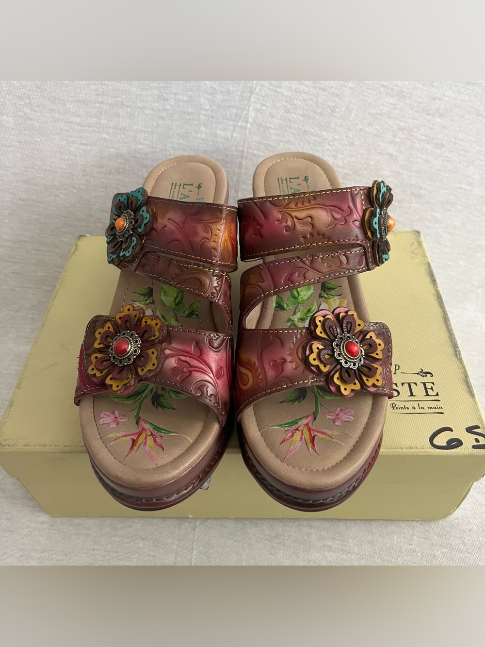 L'Artiste Spring Step Bleeker Floral Embellished Tooled Leather Wedge Sandals - Picture 2 of 8